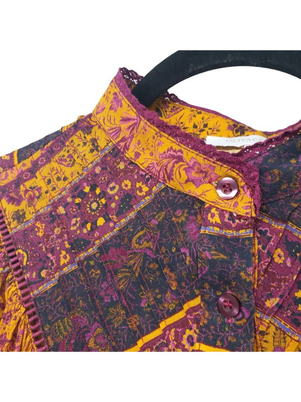 Oliveaceous Yellow Purple Long Sleeve Top Floral Paisley Cottage Core Boho Fall - Picture 5 of 11